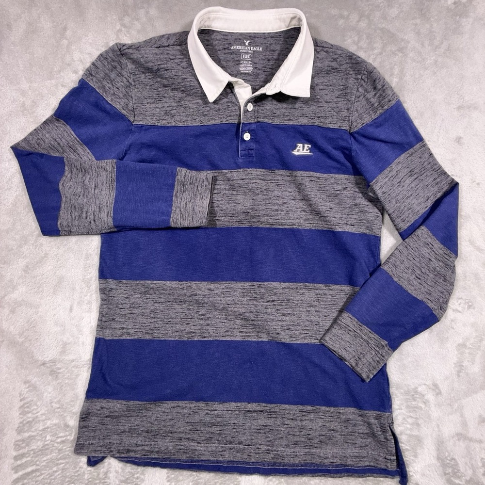 American Eagle  Flex Rugby Polo Shirt Blue Grey Striped Quilted Yoke Men's Large